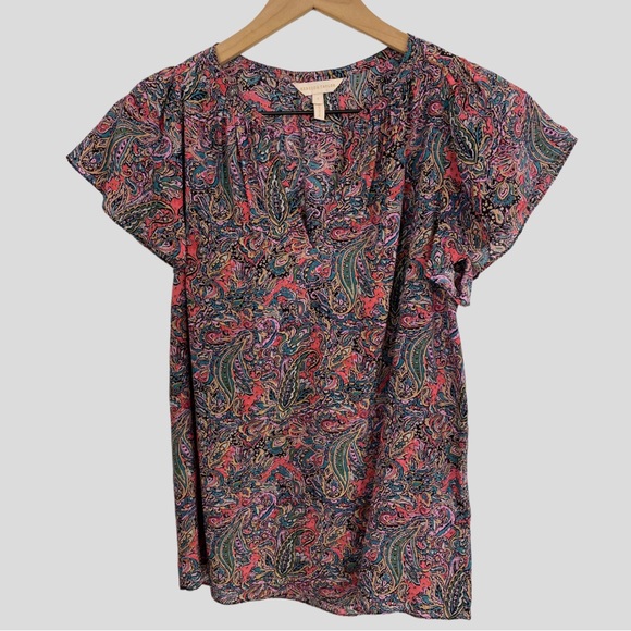 Rebecca Taylor Pink Multicolor + Gold Metallic Paisley Print Silk Blouse - Picture 1 of 9